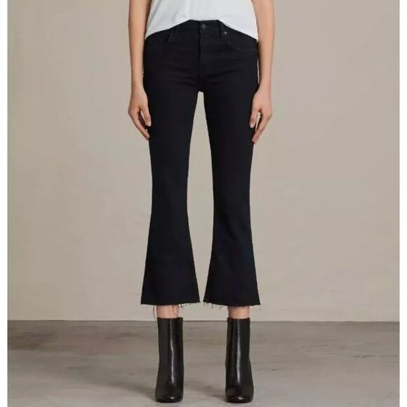 Women's AllSaints Heidi Kick Flare Cropped Faded Black Raw Hem Jean in size 27 - Picture 1 of 4